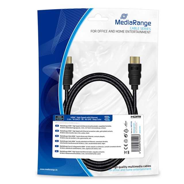 Καλώδιο MediaRange HDMI High Speed with Ethernet connection, gold-plated contacts, 18 Gbit/s data transfer rate, 2.0m, cotton, black (MRCS196)