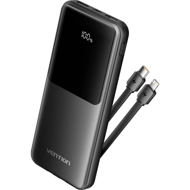 VENTION 10.000mAh Power Bank (Micro-USB + USB-C + USB-A + USB-A) with Built-In Type-C and Lightning Cables 22.5W Black Led Display Type (FHOB0) (VENFHOB0)