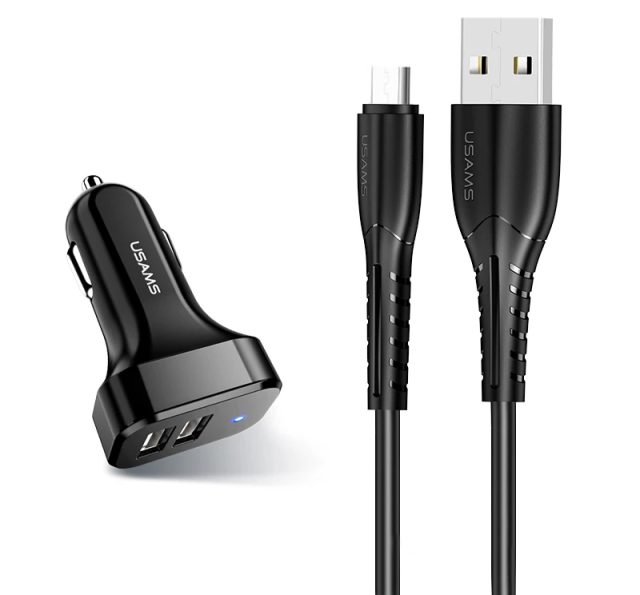 USAMS φορτιστής αυτοκινήτου C13 & καλώδιο Micro USB, 2x USB, 2.1A, μαύρο