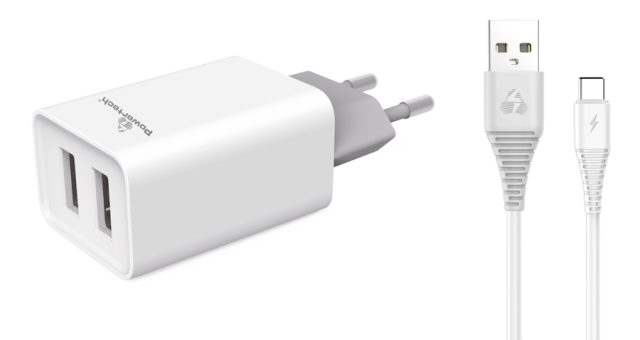 POWERTECH φορτιστής τοίχου PT-776 με καλώδιο USB-C, 2x USB, 2.1A, λευκό