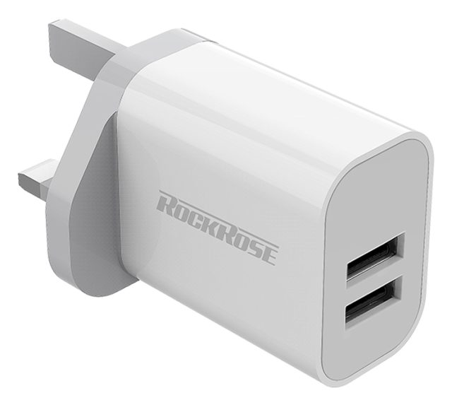 ROCKROSE φορτιστής τοίχου για πρίζα UK Casa A2, 2x USB, 2.4A 12W, λευκός