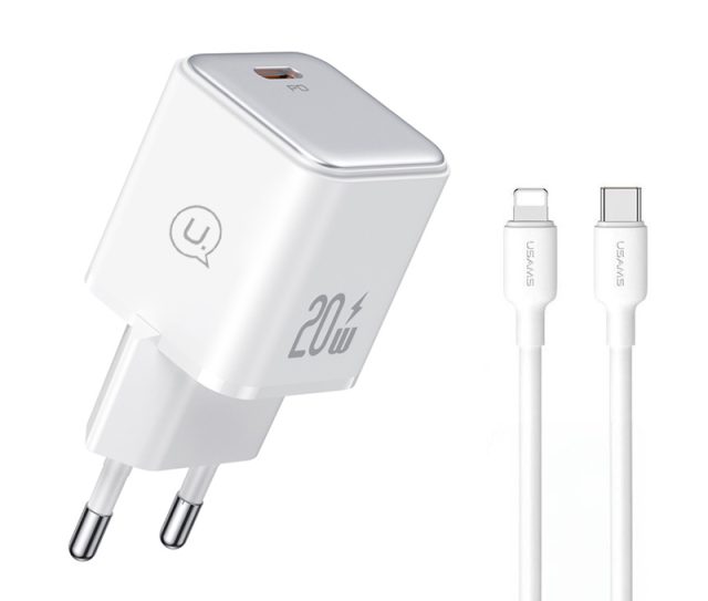 USAMS φορτιστής τοίχου US-YX με καλώδιο Lightning, USB-C 20W, λευκός