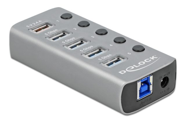 DELOCK USB hub 63262 με διακόπτες, 5x θυρών, 5Gbps, 2.4A, γκρι