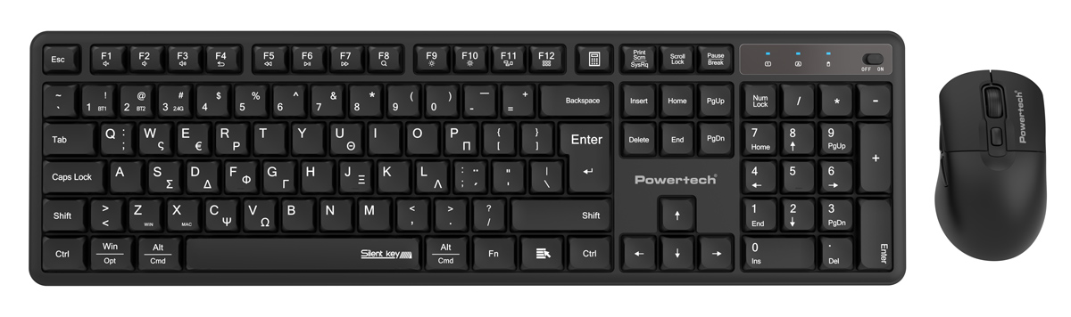 POWERTECH set ασύρματο ποντίκι & πληκτρολόγιο PT-1540, 2.4GHz & Bluetooth, αθόρυβο, μαύρο